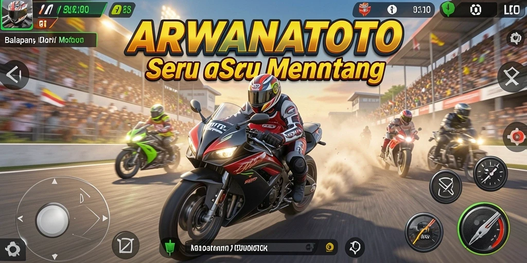 Screenshot dari gameplay ARWANATOTO menampilkan balapan motor yang intens.