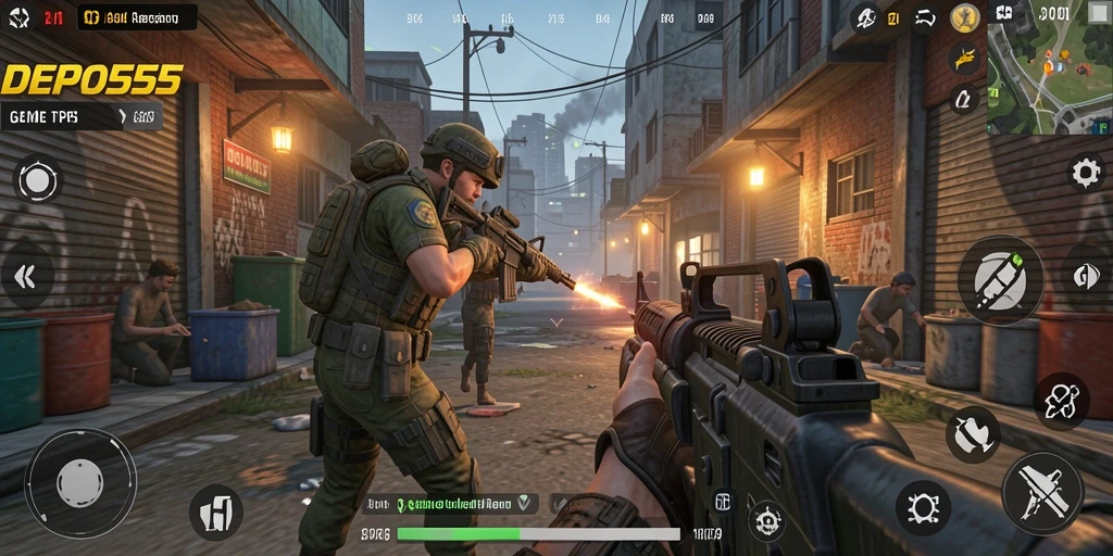 Tampilan gameplay seru dalam DEPO555 dengan aksi tembak-menembak yang mendebarkan.