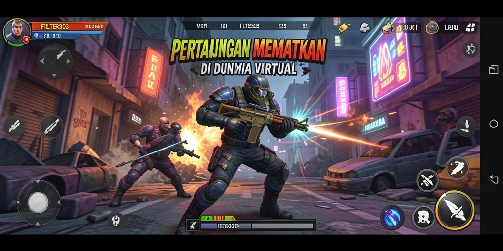 Tampilan aksi gameplay FILTER303 yang intens dan mengesankan.