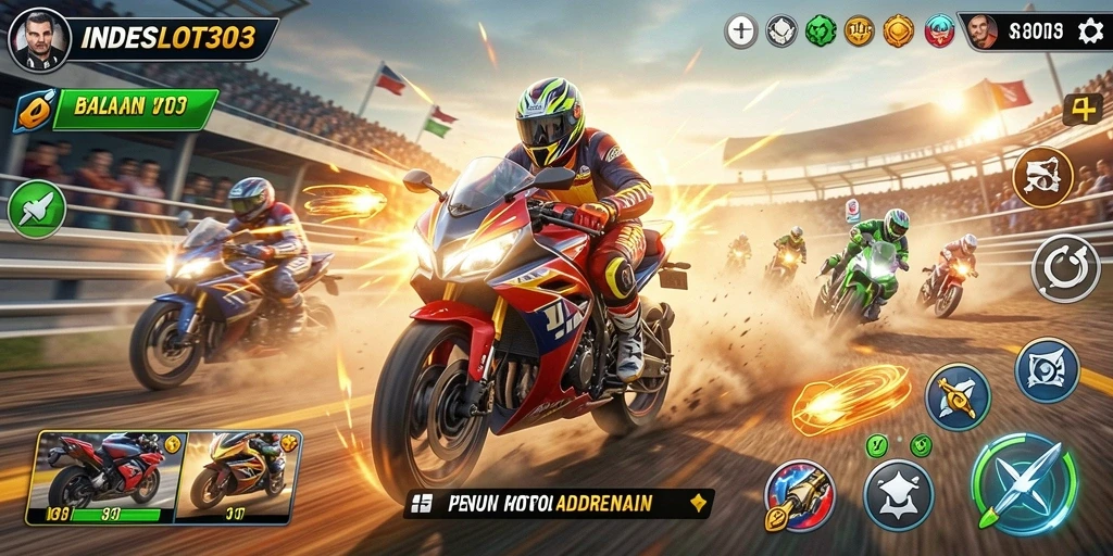 Tampilan gameplay balapan motor yang mendebarkan di INDESLOT303.