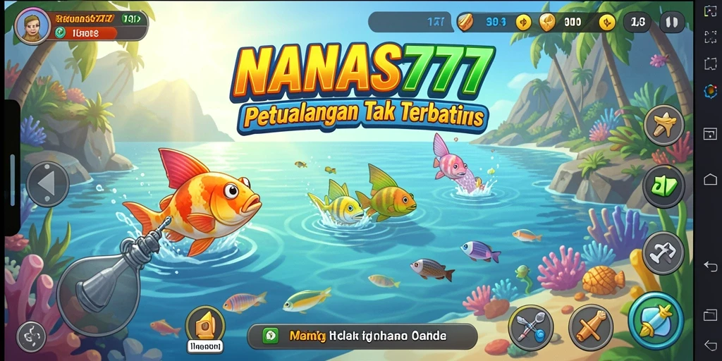 Screenshot gameplay NANAS777 menampilkan aksi seru di lokasi memancing.